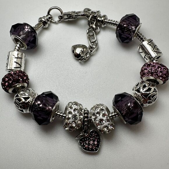Pandora-style, silver tone purple glass, pink/white rhinestone beaded bracelet! - Picture 13 of 13